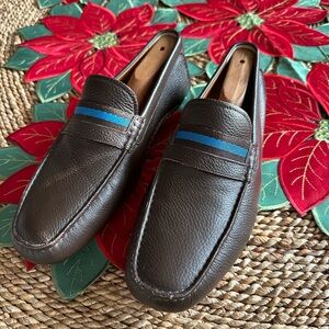 Bally Brown Leather Loafers with Blue Stripe